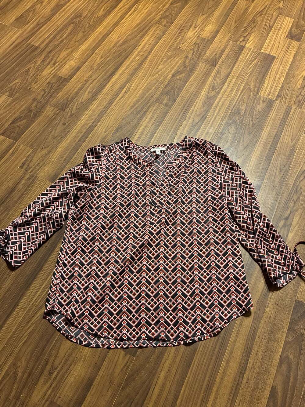 Como Blu Geometric Print Split Neck Blouse with Tie Sleeves